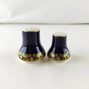 Vintage Cobalt Salt and Pepper Shakers Set, Gold Floral Porcelain, USSR Kitchen Decor, Gift Idea, Elegant Tableware