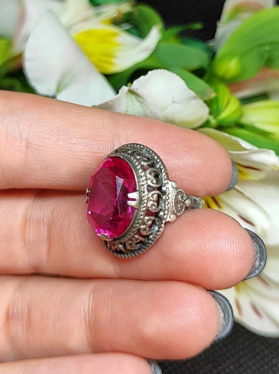 Vintage Soviet Silver Ring with Ruby 875 Star Hal… - image 2