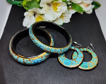 Vintage Hand-Painted Wooden Jewelry Set – Blue Floral Design, Includes Wide & Slim Bracelets and Matching Earrings, Unique Gift for Her