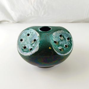 Estonian Handmade Ikebana Vase, Rustic Clay Flower Bowl, Green Ceramic Wabi-Sabi Pottery, Japanese Style Centerpiece, Flower Vase Green Blue