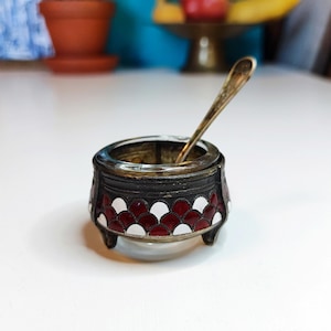 White and Red Enamel Salt Shakers & Spoon, Enameled Caviar Bowl, Vintage Enameled Metal Salt, Pepper or Mustard Jar with metal spoon USSR