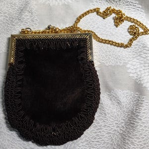 Vintage Evening Bag Brown Velvet Crochet Trim Italy Goldtone Bar & Brighter Chain, Vintage Sweet Little Velvet Bag - Purse