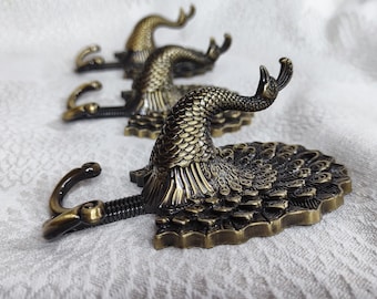 Brass Peacock hook, set of 3 hooks, vintage brass Metal BRONZE PEACOCK hook, Double Hook Wall Mounted Bird Coat Hanger