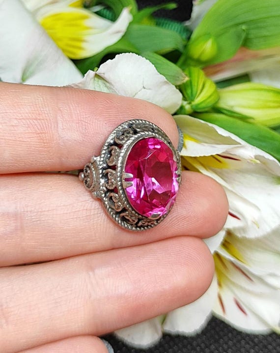 Vintage Soviet Silver Ring with Ruby 875 Star Hal… - image 1