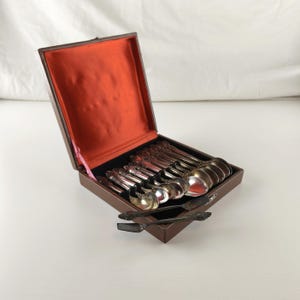 Vintage Soviet MNC Flatware Set in Box Rose Pattern 14 pcs Nickel Silver Tea Spoons Dessert Spoons Sugar Spoons USSR