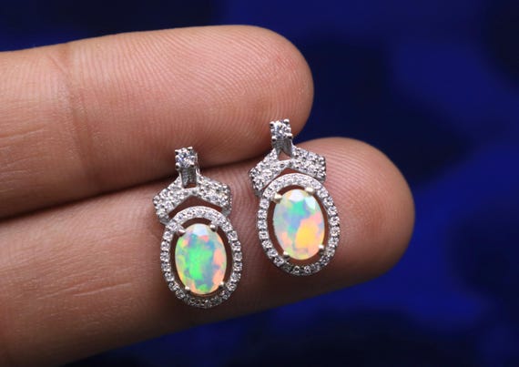Faceted Ethiopian Welo Opal 925 Silver Stud Earring, Moissanite Hole Anniversary Jewelry Gift Her
