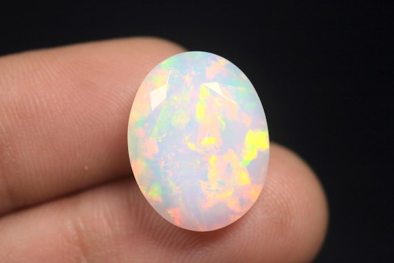 Large Faceted Ethiopian Opal Gemstone: 11.10 CT Multi Fire White Opal For Jewelry Making