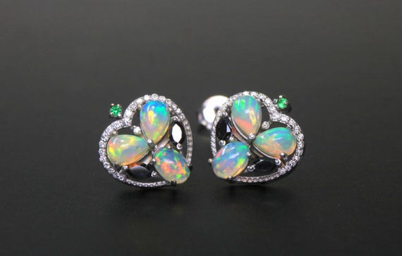 Opal Heart Stud Earrings, Sterling Silver Teardrop Opal Cluster Studs, Romantic Gift for Her