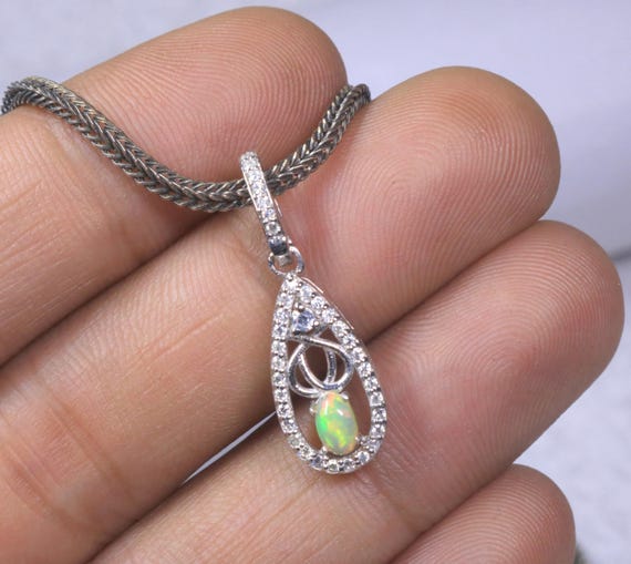Art Deco Opal Silver Pendant, Moissanite Accents Statement Jewelry for Women, Mother's Day Gift