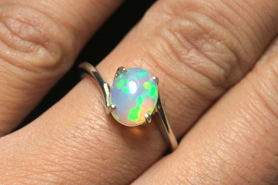 Sterling Silver Ethiopian Opal Ring: Oval Fire Opal, Size 7.5