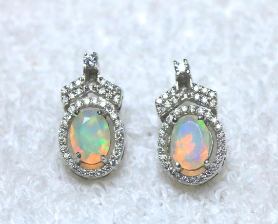 Ethiopian Opal Sterling Silver Earrings: Moissanite Accents