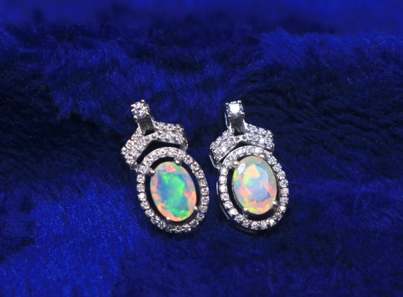 Faceted Ethiopian Fire Opal 925 Silver Stud Earring, Antique Moissanite Hole Engagement Jewelry Gift