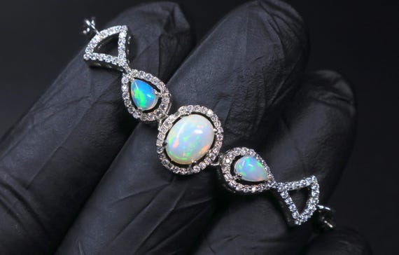 Natural Ethiopian Opal Bracelet, Sterling Silver Geometric Wristlet, Oval Fire Gemstone Halo