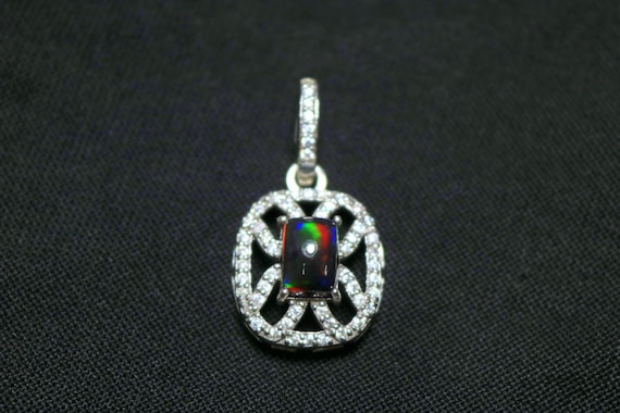 Black Ethiopian Opal Pendant Necklace: Sterling Silver Cushion Halo