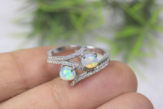Toi Et Moi Opal Ring, Unique Two Stone Bypass Band, Dainty Multi Gemstone Jewelry