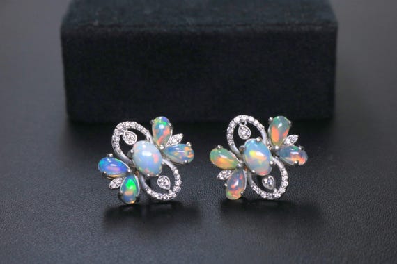 Opal Butterfly Stud Earrings, Sterling Silver Asymmetric Cluster Studs, October Birthstone Gift for Her