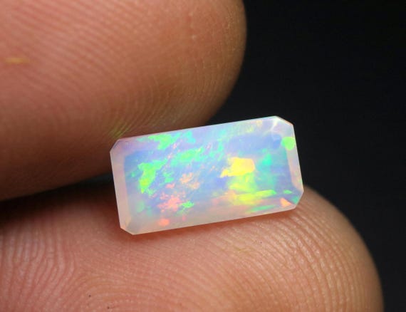 1.3 CT Faceted Ethiopian Opal Gemstone, Baguette Welo Opal Loose Stone (10.8x5.7x3.5 MM)