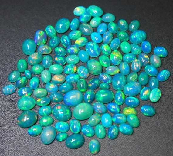 AAA Grade Green Opal Cabochon Lot, Oval Shape, Multi Fire Ethiopian Welo Opal Gemstone