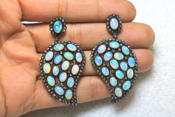 Ethiopian Opal & Diamond Sterling Silver Earrings: Mango Shape, Black Rhodium