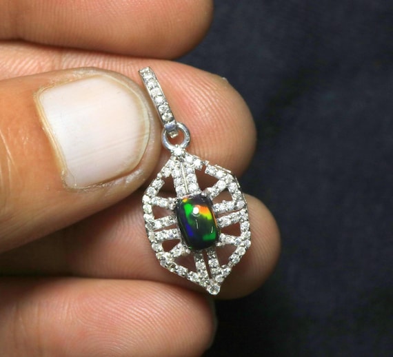 Black Ethiopian Opal Pendant Necklace: Sterling Silver Cushion Cabochon