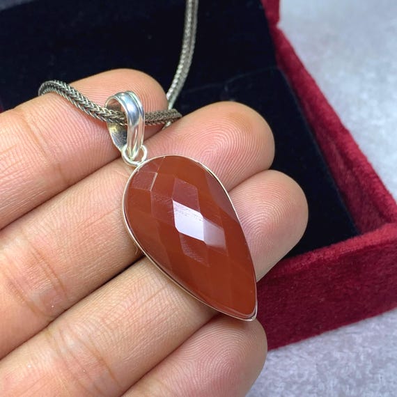 Natural Red Onyx Teardrop Pendant: Sterling Silver Handmade Jewelry, Mid-century Jewelry Gift Her