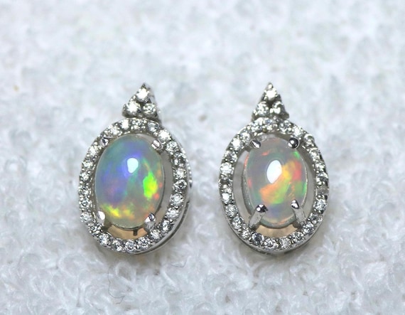 Opal Stud Earrings, Moissanite Halo, Sterling Silver, October Birthstone