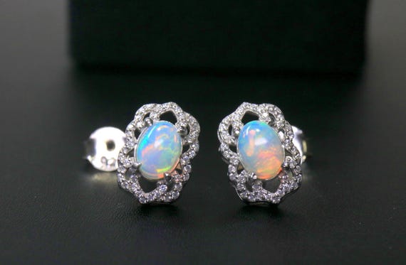 Oval Ethiopian Opal Sterling Silver Filigree Earrings, White Moissanite Halo Studs, Gift For Her