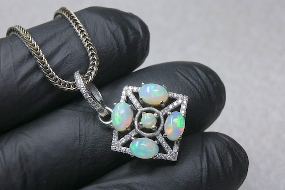 Geometric Silver Opal Pendant Necklace, Art Deco Square White Opal Statement Jewelry Gift