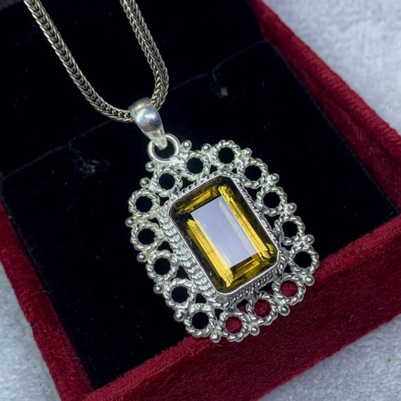 Vintage Boho Style Natural Smoky Quartz Pendant, Octagon Shape, Smoky Wedding Silver Jewelry Gift