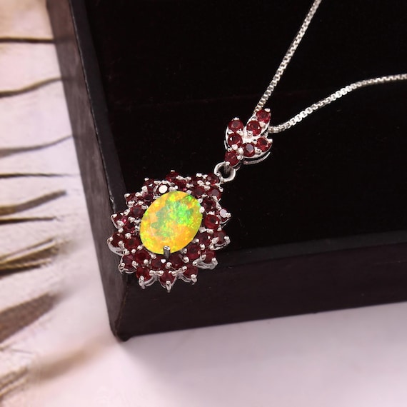 Fire Yellow Opal Gemstone Pendant Necklace, Fire Opal Oval, Opal Gemstone Pendant, Ethiopian Opal Silver Pendant Jewelry, October Birthstone