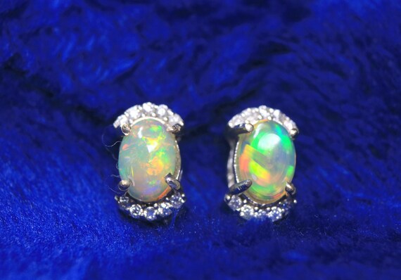 Natural Fire Opal Gemstone Silver Stud Earrings, Minimalist Moissanite Wedding Jewelry Gift