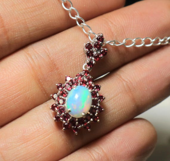 Ethiopian Opal & Garnet Halo Pendant: Sterling Silver Anniversary Jewelry
