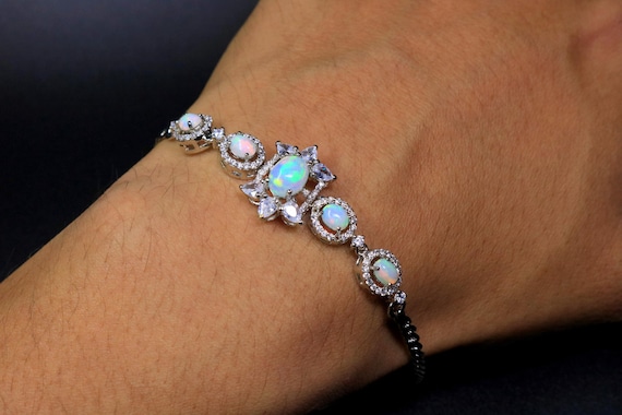 Natural Ethiopian Opal Tennis Bracelet, Sterling Silver Bolo, October Birthstone Bridal Jewelry