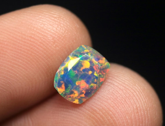 Cushion Shape Black Opal Faceted Gemstone: 0.95 CT Ethiopian Welo Opal birthstone For Jewelry