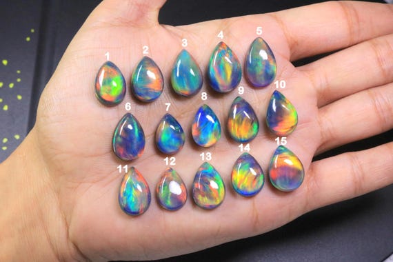AAA+ Teardrop Aurora Opal Loose Gemstone, Pear Multi Fire Opal Cabochon for Jewelry Making