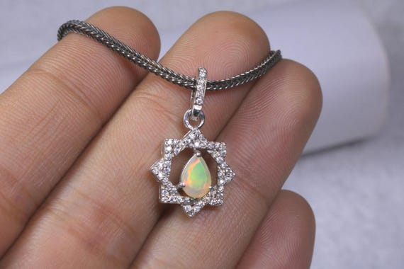 Art Deco Style White Opal Star Pendant, Moissanite Wedding Jewelry, October Birthstone Gift