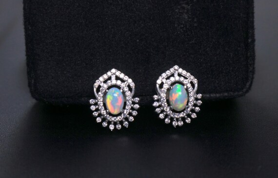 Natural Opal Earrings Studs, Vintage Art Deco Silver Earrings, October Birthstone Gift for Her