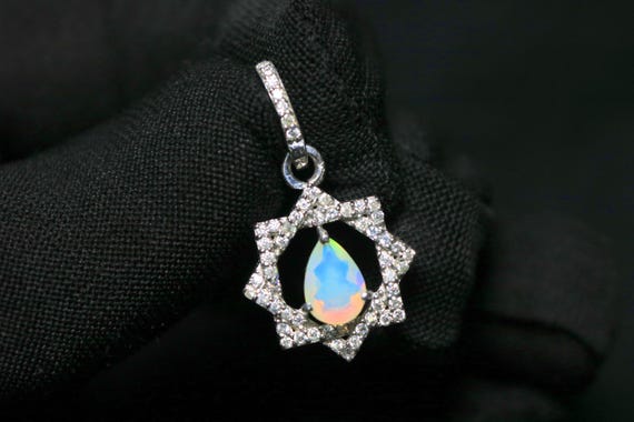 Ethiopian Opal Necklace: Sterling Silver Pear Pendant, Moissanite Accents