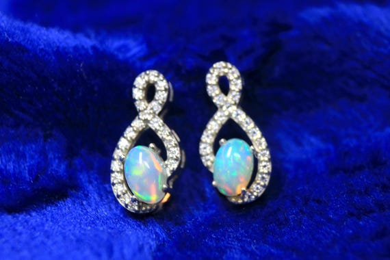 Dainty Oval Natural Opal Sterling Silver Stud Earring, Unique Moissanite Halo October Birthstone Earrings