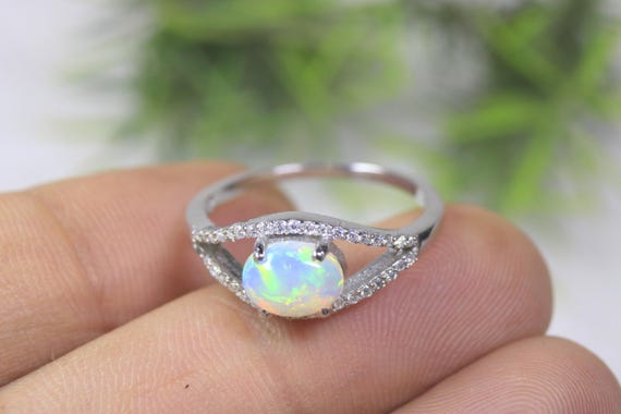 Evil Eye Opal Ring Silver, Unique Marquise Halo Band, Dainty Protection Bridal Jewelry Gift