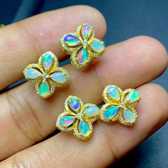 Sterling Silver Opal Flower Earrings, Floral Stud, Minimalist Gold Plated Jewelry, Nature Inspired Gift