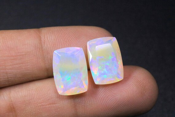 10.15 CT Natural Ethiopian Opal Cushion Cut Matching Pair, Faceted Opal Gemstone for Earrings