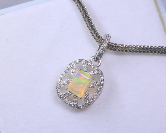 Baguette Cut Opal Jewelry, Art Deco Moissanite Halo Sterling Silver Pendant, October Birthstone