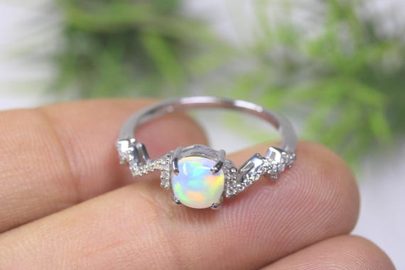 Art Deco Unique Opal Ring, Sterling Silver Wave Engagement Jewelry, Dainty Geometric Promise Band