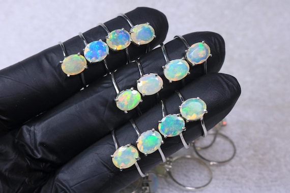 Faceted Natural Multi Fire Opal Gemstone 925 Silver Ring: Solitaire Prong Setting Ring