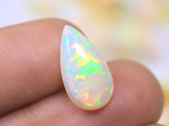 Genuine Multi Fire Opal Cabochon Gemstone, 3.55 Carat Natural Ethiopian Pear Opal For Jewelry