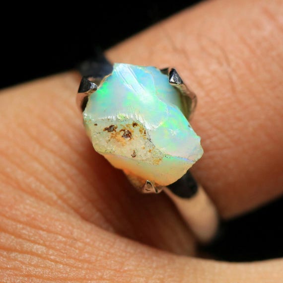 Raw Ethiopian Opal Ring: 925 Sterling Silver Prong Setting, Size 7 3/4