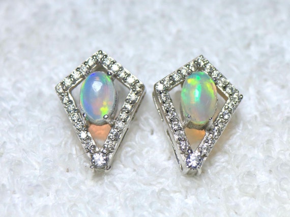 Natural Ethiopian Fire Opal Earrings, Sterling Silver Studs, Moissanite Accents, October Birthstone