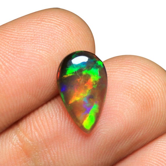 Natural Ethiopian Fire Opal Cabochon, Pear Shape Black Opal Gemstone (13.60x8.30x2.80 MM)