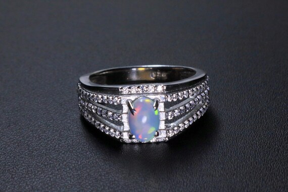 Natural Opal Ring 925 Silver, Three Row CZ Accent Band, October Birthstone Gift Her